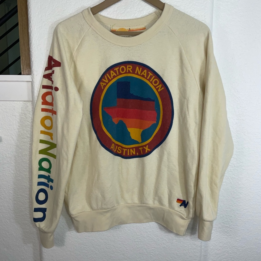 Aviator Nation Cream Sweatshirt with Rainbow Texas Patch
